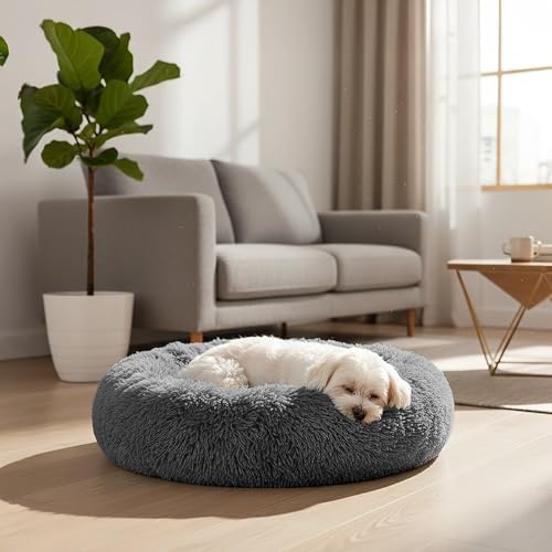 PetAmi Calming Donut Dog Bed, Washable Faux Fur, 23 Inch Small, Grey