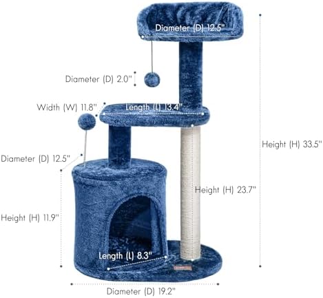 ClevaHome Small Deep Denim Blue Cat Tree for Small Spaces, Kittens, 33.5" Multi-Level Condo with Sisal Scratching Post, Plush Perches & Interactive Pompom Toy for Indoor Cats