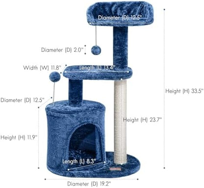 ClevaHome Small Deep Denim Blue Cat Tree for Small Spaces, Kittens, 33.5" Multi-Level Condo with Sisal Scratching Post, Plush Perches & Interactive Pompom Toy for Indoor Cats