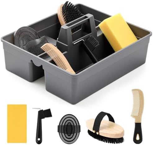 Abbylike Horse Grooming Kit with Tote Bag, 6-Piece Horse Care Set with Brush, Comb & Hoof Pick, Portable Grooming Supplies Organizer(Gray)