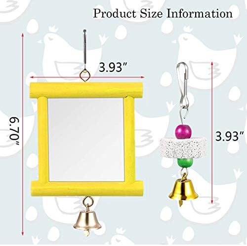2Pcs Chicken Mirror Toys for Hens Hanging Swing Mirror Toys with Bells and Beak Grinding Molar Stones for Roosters Hens Birds Parrots (Yellow and Red)