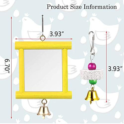 2Pcs Chicken Mirror Toys for Hens Hanging Swing Mirror Toys with Bells and Beak Grinding Molar Stones for Roosters Hens Birds Parrots (Yellow and Red)