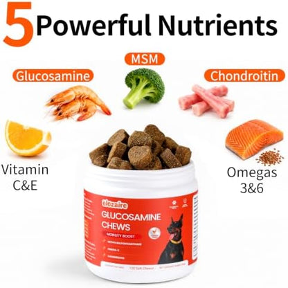 Hip and Joint Chews for Dogs, Glucosamine MSM Chondroitin, 120ct
