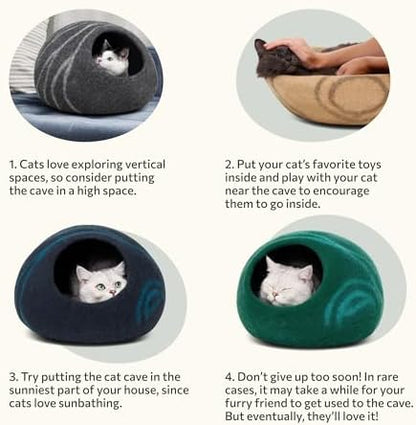 MEOWFIA Cat Cave - Merino Wool Bed for Indoor Cats (Emerald, Medium)