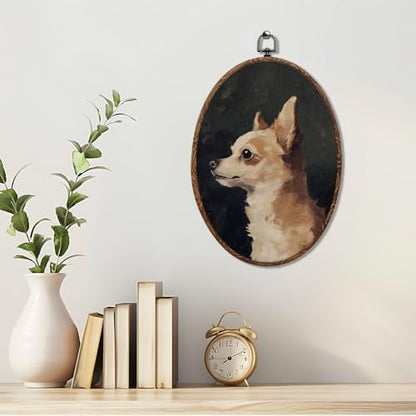 Vintage Dog Oval Framed Wall Art, Dog Lover Gifts Canvas Art Wall Decor，Cute Cottage Hanging Decor Painting Artwork for Home Bedroom Gallery Bathroom Dorm Living Room Office Decorations 8.3x12inch