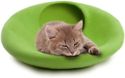 Woolygon Premium Felt Cat Cave Bed – Wool Kitty Beds Handcrafted Kitten Caves Bed for Indoor Cats - Made from Merino Wool, Foldable Cat Hideaway Covered Cat House Pod (Green Plain)