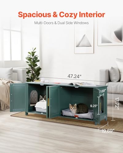 VEVOR Cat Litter Box Enclosure for Multi Cats, 47.2 in Hidden Litter Box Cabinet with 4 Rattan Doors & 2 Entries, Indoor Cat Washroom, Wooden Kitty House Furniture, Fit Most Litterboxes, Green