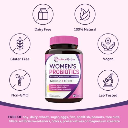 Doctor's Recipes Women's Probiotic, 90 Caps 50 Billion CFU 16 Strains, with Organic Cranberry, Digestive Immune Vaginal & Urinary Health, Shelf Stable, Delayed Release, No Soy Gluten Dairy