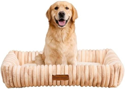 Modern Threads Ribbed Plush Two-Tone Cuddler Dog Bed, Ultra-Soft Faux Rabbit Fur, Supportive Bolstered Sides, Removable Washable Cover, Bed for Medium to Large Dogs, Cream, (34" L x 25" W x 9" Th)