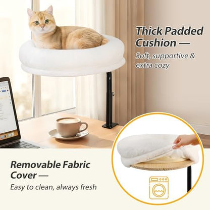 Sunhoo Cat Desk Bed 360° Rotating Height Adjustable Desktop Mount Hammock Kitten Perch Easy Setup Kitty Nest Table Clamp-on Attachment for Indoor Cats Washable 17" Diameter Hold Up to 40lbs（White）