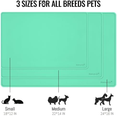 MateeyLife Dog & Cat Food Water Mat for Floors Waterproof, Nonslip Pets Bowl Feeding Mats with Raised Edges, Silicone Matt Tray for Messy Drinkers, 18"x12",MintGreen