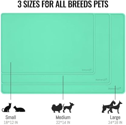 MateeyLife Dog & Cat Food Water Mat for Floors Waterproof, Nonslip Pets Bowl Feeding Mats with Raised Edges, Silicone Matt Tray for Messy Drinkers, 18"x12",MintGreen