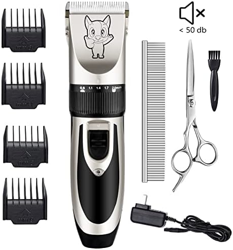 Highdas Dog Clippers for Grooming Low Noise, Cordless Electric Dog Grooming Kit Clippers Rechargeable, Quiet Dog Shaver, Pet Hair Trimmer Kit for Dogs & Cats (Silver)