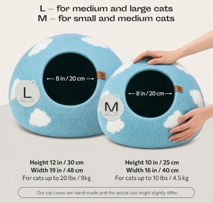 MEOWFIA Cat Cave - Merino Wool Bed for Indoor Cats (Cloud Nap Blue, Large)
