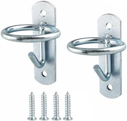 Horse Stall Bucket Hooks, Heavy Duty Metal Ring Bucket Hangers with J-Hook, Wall Mounted Water Feed Bucket Holder for Barn, Stable & Fence, Includes Screws, 2-Pack