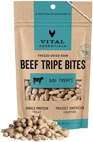 Vital Essentials Freeze Dried Dog Treats, Beef Tripe Bites, 2.3 oz Bag