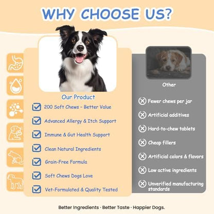 Dog Allergy Chews, Itchy Skin & Paw Licking Support, Probiotics for Dogs, Immune & Gut Health, Seasonal Allergy Formula, Skin & Coat Health, Chicken Flavor Soft Chews, 200 Ct, BlueRed