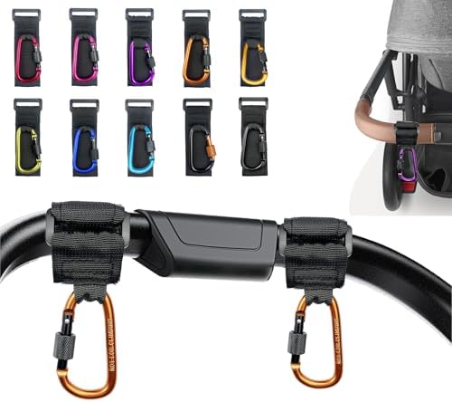 [Upgrade]Baby Stroller Hook with Locking, Carry 30 lbs per Stroller Clip, Baby Stroller Accessories & Car Seat Hook for Hanging Diaper Bag, Golf, Shopping and Pet Cart (2 Pcs + Nylon + Gold)