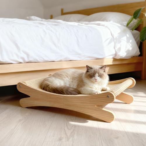 Natural Sisal Cat Scratcher Bed with Hammock – Solid Wood Furniture Style, Extra Large Cat Lounger & Scratch Pad for Indoor Cats, Protects Furniture