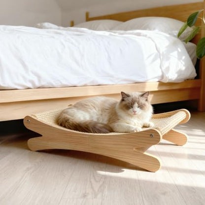 Natural Sisal Cat Scratcher Bed with Hammock – Solid Wood Furniture Style, Extra Large Cat Lounger & Scratch Pad for Indoor Cats, Protects Furniture