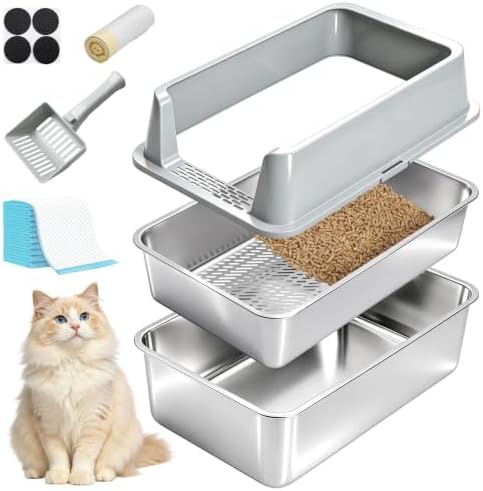 Stainless Steel Litter Box with Lid,XL Sifting Litter Box for Pine Pellets