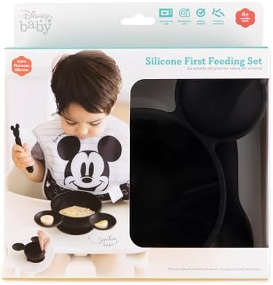 Bumkins Disney Mickey Mouse Bowl, Silicone First Feeding Set with Suction, Includes Spoon, Training Essentials for Baby-Led Weaning, Toddler Self-Feeding, Babies Eating at 4 Mos Up, Black