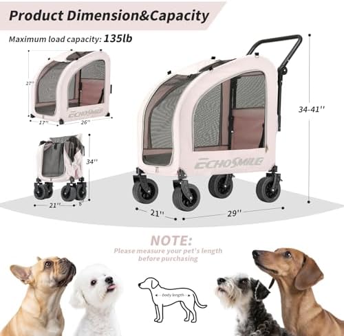 EchoSmile 4-Wheel Pet Stroller for Dogs & Cats, Up to 135 lbs, Pink