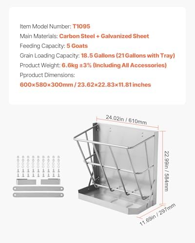 VEVOR Wall Mounted Hay Rack, 18.5 Gallon Livestock Feeder with 2.5 Gallon Feed Tray, 2 in 1 Hay and Grain Feeder, Feeds up to 5 Goats, Heavy-Duty Galvanized Steel Goat Feeders for Farm Sheep Horses