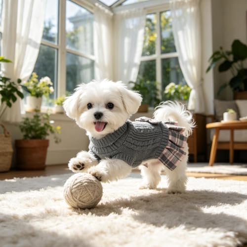 YUDODO Small Dog Sweater Dress with Bowtie Turtleneck - Knitted Pet Clothes