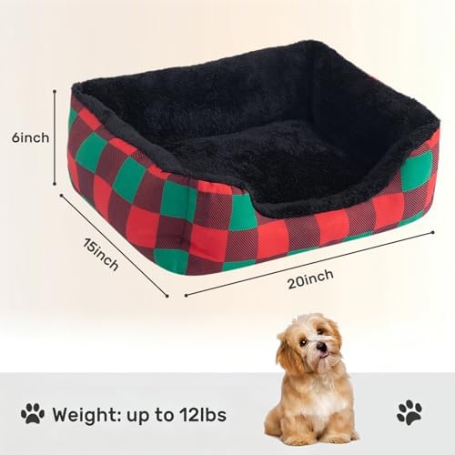 Hollypet Printed Flannel Rectangle Plush Dog Cat Bed Self-Warming Pet Bed, Christmas Red and Green Check