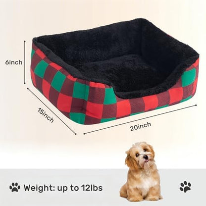 Hollypet Printed Flannel Rectangle Plush Dog Cat Bed Self-Warming Pet Bed, Christmas Red and Green Check