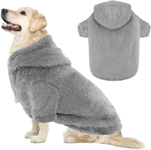 Fuzzy Dog Hoodie Sweater for Large Dogs Warm Winter Dog Clothes with Double-Sided Plush Fleece Soft Stretchy Pet Coats Hooded Sweatshirt for Medium Large Dogs
