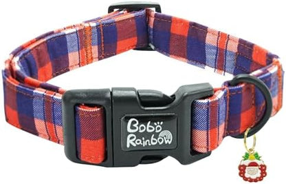 Dog Collar - Christmas Holiday Pet Collar, Red and Blue Plaid Print, Durable, Cute, Soft, Adjustable for Medium Dogs