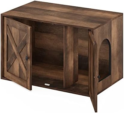 Furinno PELI Cat Litter Box Enclosure, Farmhouse Hidden Litter Box Furniture with Side Entrance, Wooden Pet House with 2 Slatted Doors, Easy Assembly, for Living Room, Rustic Brown