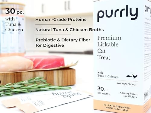 Purrly Cat Treat Topper Lickable Wet Squeezable Healthy Human-Grade Tuna & Chicken Breast with Prebiotic and Dietary Fiber for Indoor Cats (30 Count) Grain-Free Non-GMO No-Preservatives