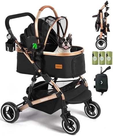 Dog Stroller for Medium Dogs Up to 52 Lbs, Cats Stroller for 2 Cats, 3 in 1 Pet Stroller with Bag Holder for Leashes, 3-Roll Poop Bags, 600D Waterproof Oxford Fiber, Adjustable Handle (Black)