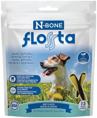 N-Bone FLOSSta Daily Dental Sticks for Dogs, SQF Certified, Natural Dog Dental Treats to Freshen Breath, Dental Chews for Dogs, Mint Flavor, 15 ct. Pouch (12oz) (Mint, 12 Ounce (Pack of 1))