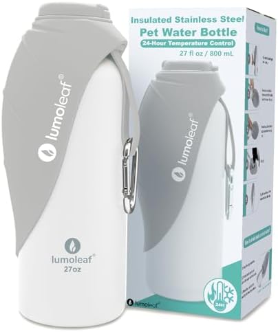 LumoLeaf Insulated Dog Water Bottle 27 oz Stainless Steel - Keep Water Cool or Warm, Portable Pet Water Bowl for Travel, Wide Mouth for Easy Ice Filling & Cleaning (Grey, 27 oz)