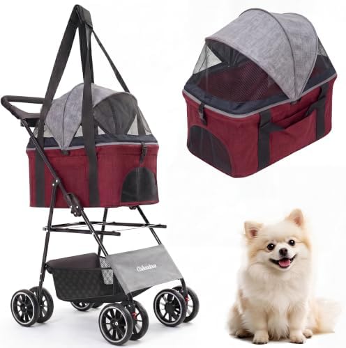 2-in-1 Foldable Pet Stroller 4-Wheel for Small Dogs & Cats,Dark Gray +Red