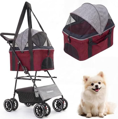 2-in-1 Foldable Pet Stroller 4-Wheel for Small Dogs & Cats,Dark Gray +Red