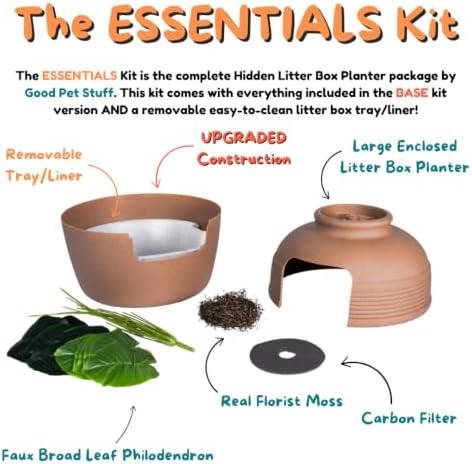 Good Pet Stuff Original Hidden Litter Box Planter, Decorative Cat Litter Enclosure, Carbon Filter, Faux Plant, Round Design, Easy Clean Litter Tray, Essentials Kit, Broad Leaf Plant, Terracotta Brown