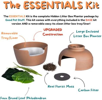 Good Pet Stuff Original Hidden Litter Box Planter, Decorative Cat Litter Enclosure, Carbon Filter, Faux Plant, Round Design, Easy Clean Litter Tray, Essentials Kit, Broad Leaf Plant, Terracotta Brown