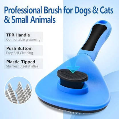 Self Cleaning Deshedding Slicker Brush for Dogs & Cats, Blue