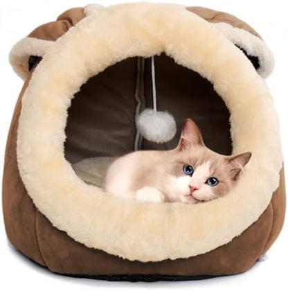 Cat Beds for Indoor Cats-Rabbit-Shaped Cat Cave Bed with Toy,Brown L