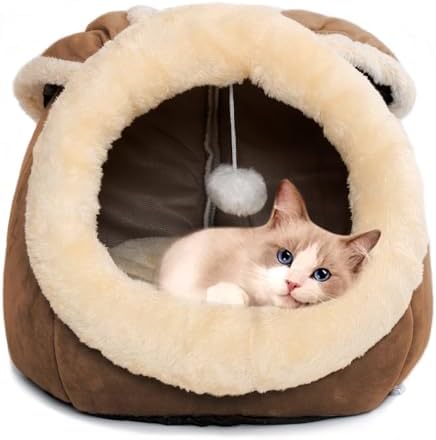 Cat Beds for Indoor Cats-Rabbit-Shaped Cat Cave Bed with Toy,Brown L