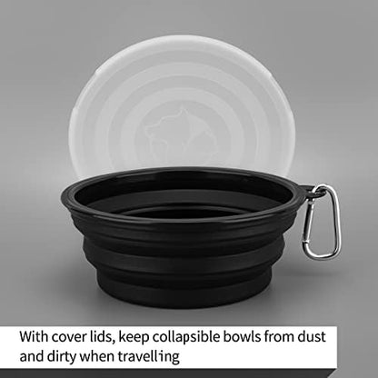SLSON Dog Bowls Pet Collapsible Bowl with Cover Lids,2 Pack Dog Travel Bowls Portable Foldable Cat Water Dish Bowl for Pets Walking Parking Camping (Black and Black, Large)