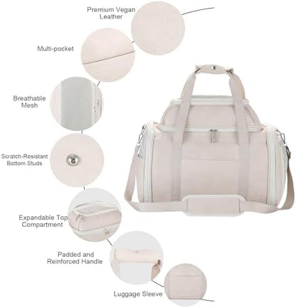 Premium Leather Top Expandable Pet Carrier for Small Dogs & Cats Under 15 lbs, Airline Approved Collapsible Soft-Sided Luxury Travel Bag Beige