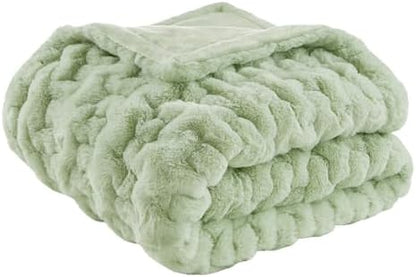 Madison Park Ruched Fur Throw Faux Fur Blanket, 50" x 60", Sage Green