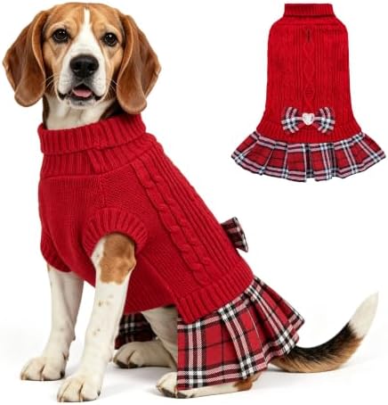 YUDODO Small Dog Sweater Dress with Bowtie Turtleneck - Knitted Pet Clothes
