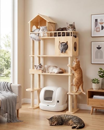 Wood Cat Tree for Automatic Litter Box, 5 Tier Cat Tower, 74 Inch